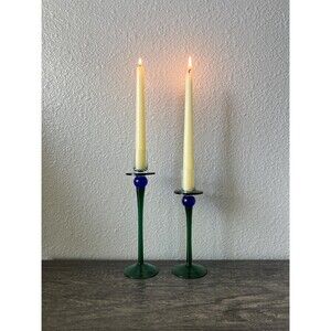 Vintage Hand-Blown Blue & Green Glass Candle Holders
